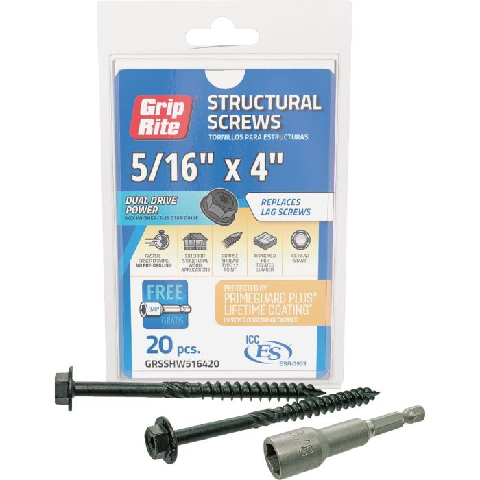 Grip-Rite PrimeGuard Plus 5/16 In. x 4 In. Hex Washer Head Structural Screw (20-Count)