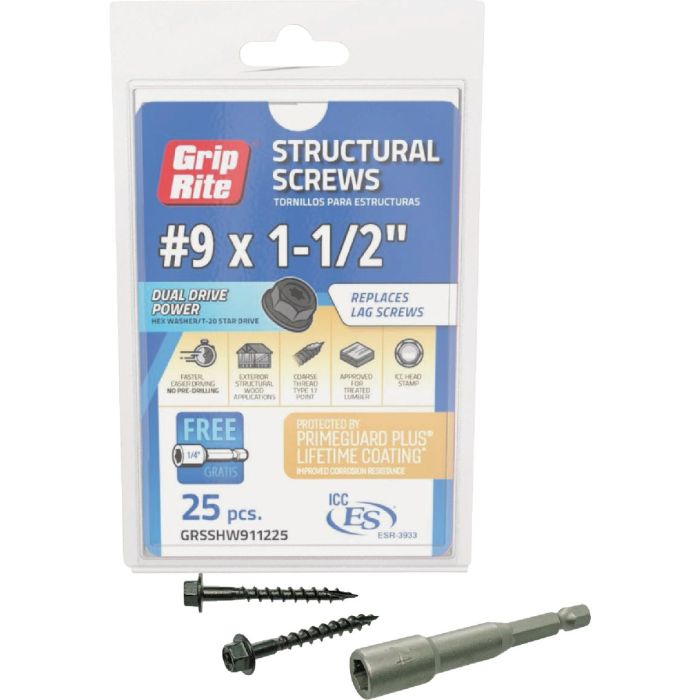 Grip-Rite PrimeGuard Plus #9 x 1.5 In. Hex Washer Head Structural Screw (25-Count)