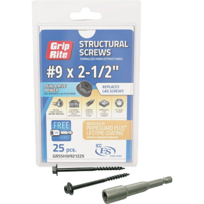 Grip-Rite PrimeGuard Plus #9 x 2.5 In. Hex Washer Head Structural Screw (25-Count)