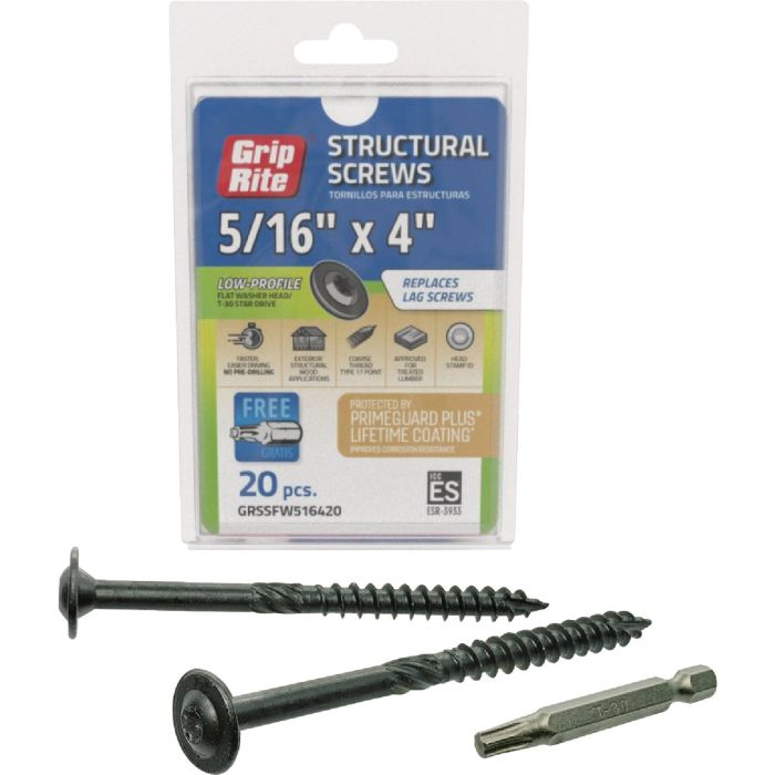 Grip-Rite PrimeGuard Plus 5/16 In. x 4 In. Flat Washer Head Structure Screw (20-Count)