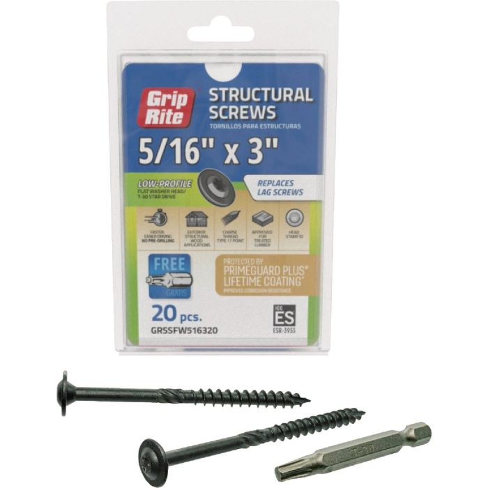 Grip-Rite PrimeGuard Plus 5/16 In. x 3 In. Flat Washer Head Structure Screw (20-Count)