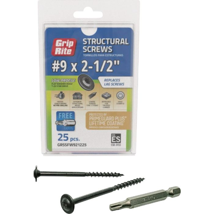 Grip-Rite PrimeGuard Plus #9 x 2.5 In. Flat Washer Head Structure Screw (25-Count)