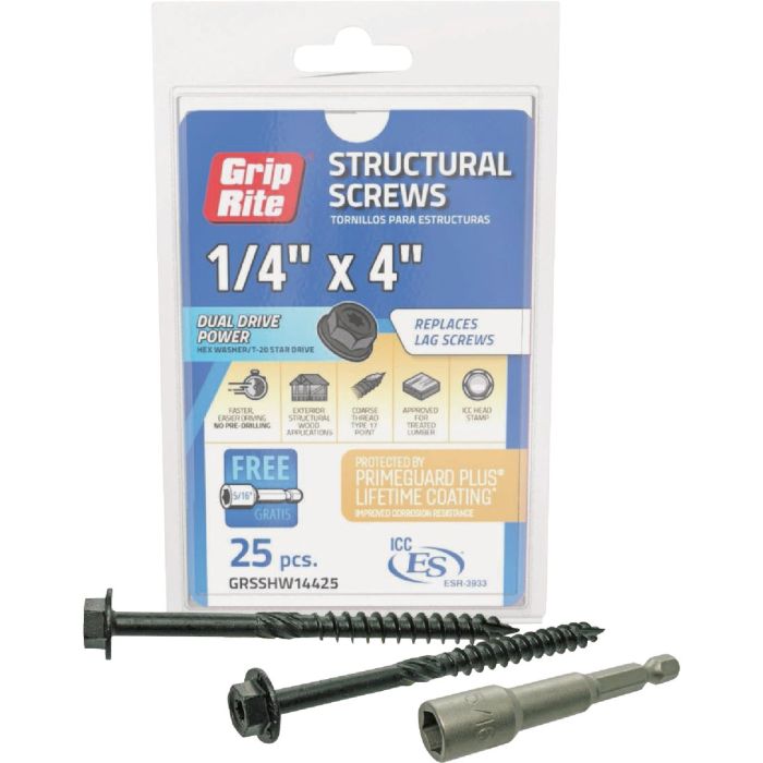 Grip-Rite PrimeGuard Plus 1/4 In. x 4 In. Hex Washer Head Structural Screw (25-Count)