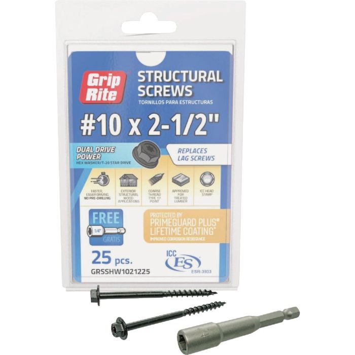 Grip-Rite PrimeGuard Plus #10 x 2.5 In. Hex Washer Head Structural Screw (25-Count)