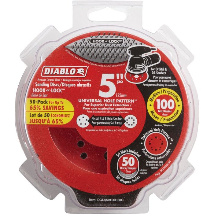 Diablo 5 In. 100-Grit Universal Hole Pattern Vented Sanding Disc with Hook and Lock Backing (50-Pack)