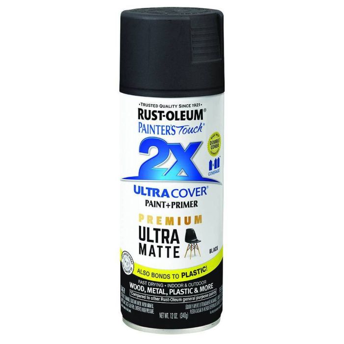 12 Oz Rust-Oleum 331182 Black Painter's Touch 2X Ultra Cover Paint + Primer Spray Paint, Matte