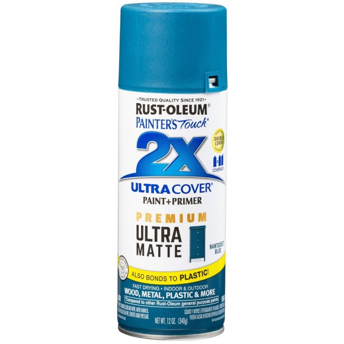 12 Oz Rust-Oleum 331188 Nantucket Blue Painter's Touch 2X Ultra Cover Paint + Primer Spray Paint, Matte