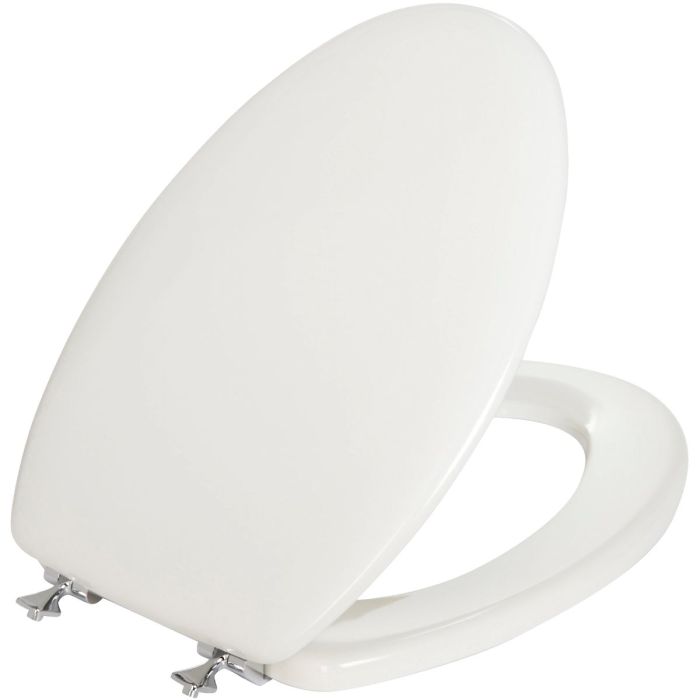 Mayfair Elongated Closed Front Premium White Wood Beveled Toilet Seat with Chrome Hinges