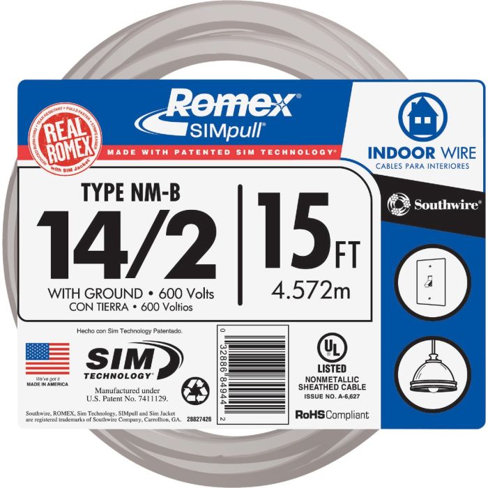 Romex 15 Ft. 14/2 Solid White NMW/G Electrical Wire