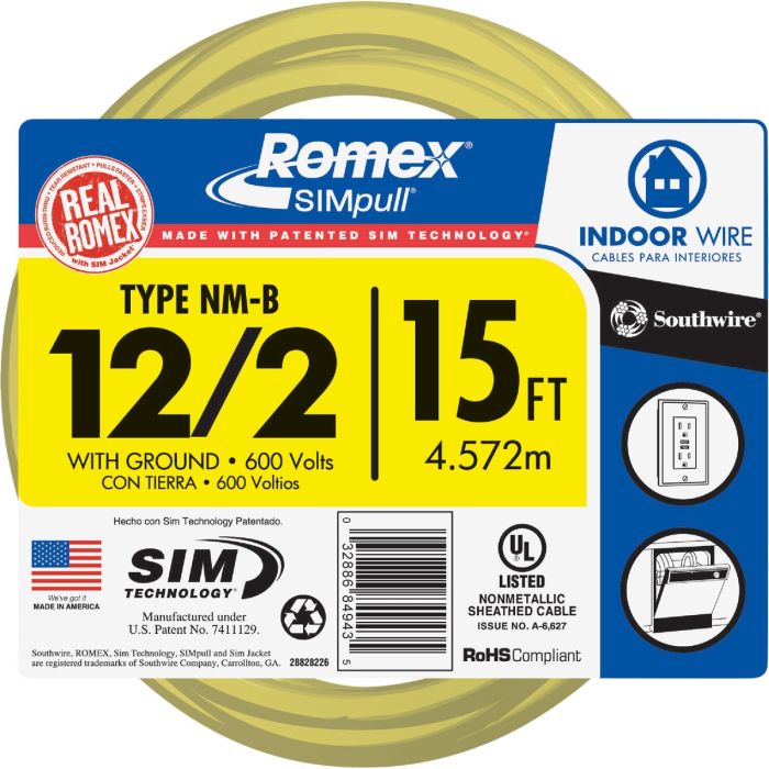 Romex 15 Ft. 12/2 Solid Yellow NMW/G Electrical Wire