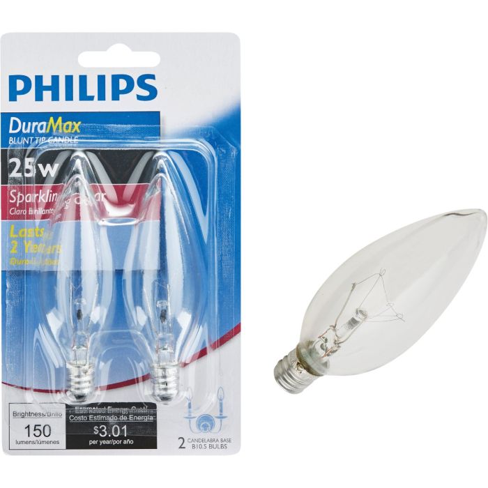 Philips DuraMax 25W Clear Candelabra Base B10.5 Incandescent Blunt Tip Light Bulb (2-Pack)