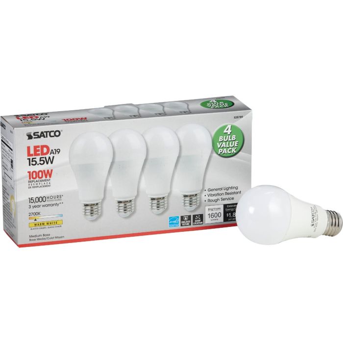 Satco 100W Equivalent Warm White A19 Medium LED Light Bulb (4-Pack)