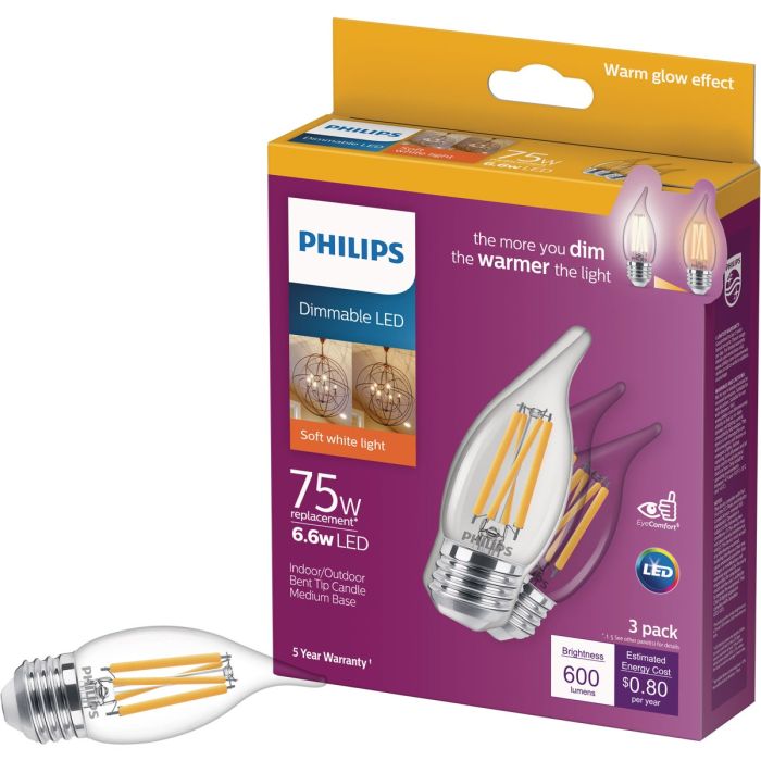 Philips Warm Glow 75W Equivalent Soft White BA11 Medium Dimmable LED Light Bulb (3-Pack)