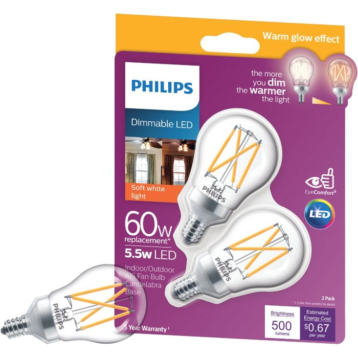 Philips Warm Glow 60W Equivalent Soft White A15 Candelabra Dimmable LED Light Bulb (2-Pack)