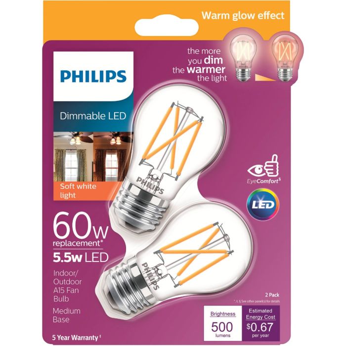 Philips Warm Glow 60W Equivalent A15 Medium Dimmable LED Light Bulb (2-Pack)