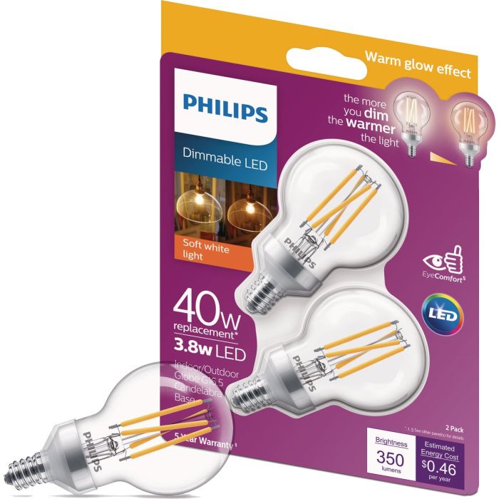 Philips Warm Glow 40W Equivalent Soft White G16.5 Candelabra Frosted Dimmable LED Decorative Light Bulb (2-Pack)