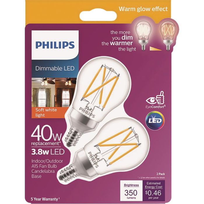 Philips Warm Glow 40W Equivalent Soft White A15 Candelabra Dimmable LED Light Bulb (2-Pack)