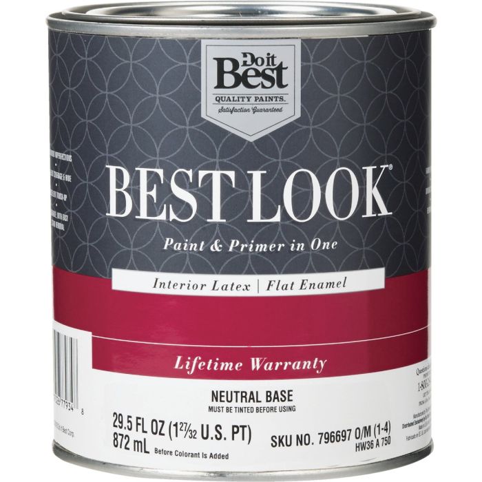 Best Look Latex Premium Paint & Primer In One Flat Enamel Interior Wall Paint, Neutral Base, 1 Qt.