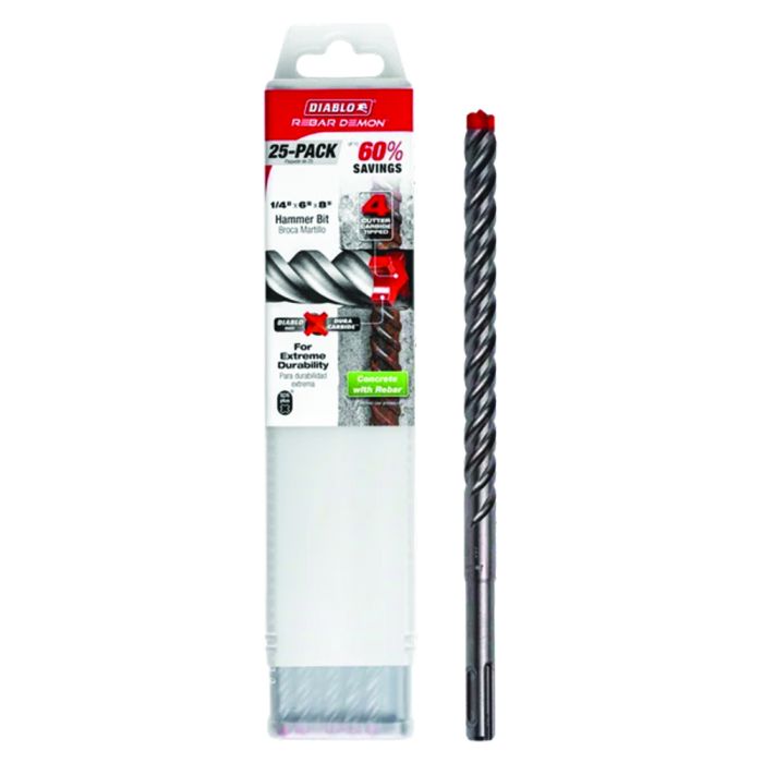 Image of 1/2" x 6" x 8" Rebar Demon™ SDS-Plus 4-Cutter Full Carbide Head Hammer Drill Bit 25 Pack