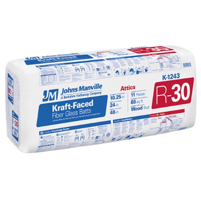 Image for R30 24" X 48" JOHNS MANVILLE BATT KRAFT-FACED INSULATION 88 SF