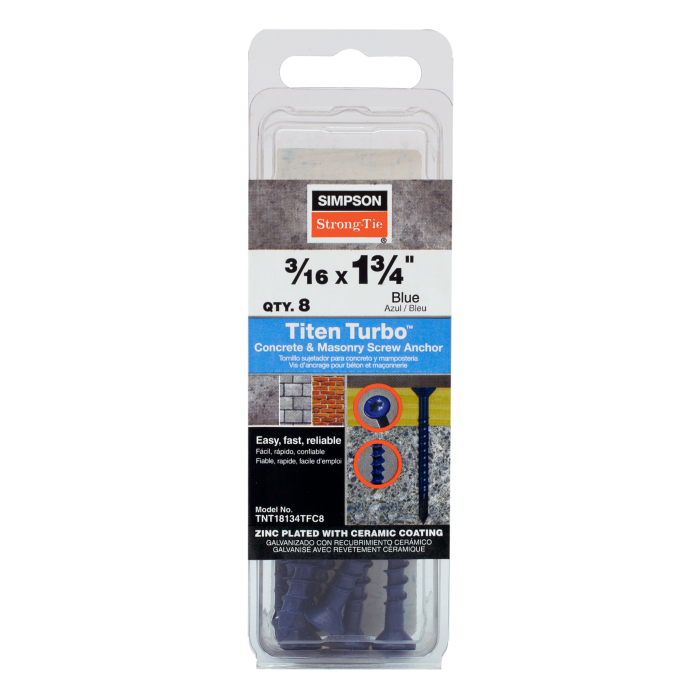 Image of Simpson Strong-Tie TNT18134TFC8 Titen Turbo™ — 3/16 in. x 1-3/4 in. 6-Lobe Flat-Head Concrete and Masonry Screw