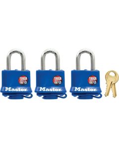 Master Lock 1-9/16 In. W. Covered Laminated Steel Pin Tumbler Padlock, Blue (3-Pack)