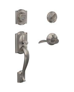 Schlage Camelot Handleset with Single Cylinder Deadbolt and Accent Lever in Satin Nickel - Left Handed