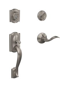 Schlage Camelot Handleset with Single Cylinder Deadbolt and Accent Lever in Satin Nickel - Right Handed