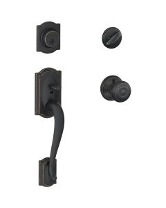 Schlage Camelot Handleset with Single Cylinder Deadbolt and Georgian Knob in Aged Bronze