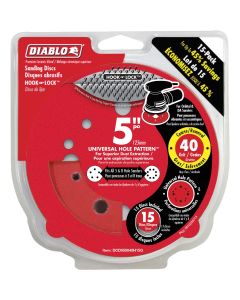 Diablo 5 In. 40-Grit Universal 12-Hole Vented Sanding Disc with Hook and Lock Backing (15-Pack)