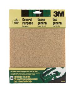 3M General-Purpose 9 In. x 11 In. 60 Grit Coarse Sandpaper (4-Pack)