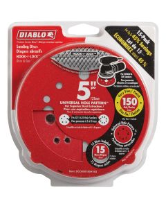 Diablo 5 In. 150-Grit Universal Hole Pattern Vented Sanding Disc with Hook and Lock Backing (15-Pack)