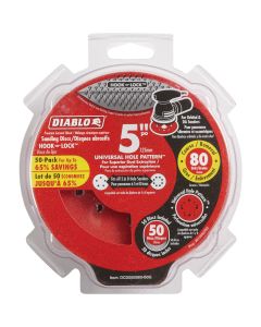 Diablo 5 In. 80-Grit Universal Hole Pattern Vented Sanding Disc with Hook and Lock Backing (50-Pack)
