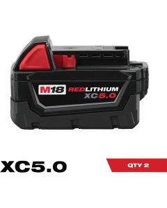 Milwaukee M18 REDLITHIUM XC 18 Volt Lithium-Ion Extended Capacity Battery, 5.0 Ah (2-Pack)