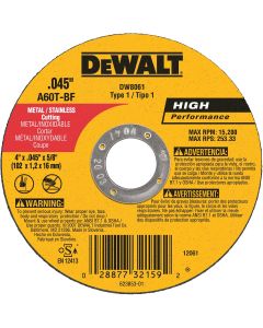 DEWALT HP Type 1 4 In. x 0.045 In. x 5/8 In. Metal/Stainless Cut-Off Wheel