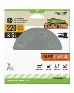 Gator 5 In. 220-Grit 8-Hole Pattern Vented Sanding Disc with Hook & Loop Backing (5-Pack)