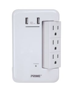 Prime Wire & Cable 6 Power & 2 USB White Rotating Surge Tap USB Charger