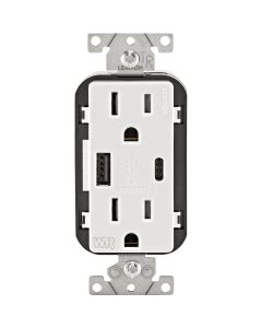 Leviton 15A White 2-Port USB Charging Outlet with 5-15R Weather-Resistant Duplex Outlet