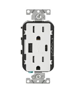 Leviton Decora 5.1A 5V White Type A/Type C USB Charging Outlet with 5-15R Tamper Resistant Duplex Outlet