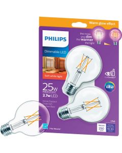 Philips Warm Glow 25W Equivalent Soft White G25 Medium Clear LED Decorative Light Bulb, Title 20 (2-Pack)