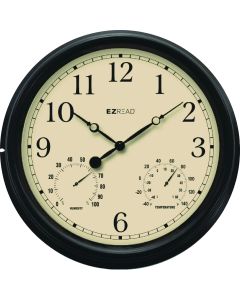 EZ Read 15 In. Black Indoor/Outdoor Clock with Thermometer & Hygrometer