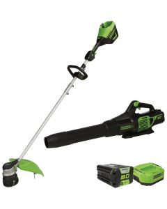 Greenworks 80V 16 In. Front Mount String Trimmer and 730 CFM Axial Leaf Blower Combo w/2.5 Ah Battery & Charger