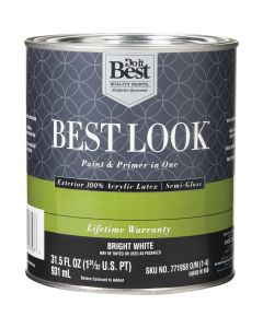 Best Look 100% Acrylic Latex Premium Paint & Primer In One Semi-Gloss Exterior House Paint, Bright White, 1 Qt.