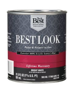 Best Look 100% Acrylic Latex Premium Paint & Primer In One Flat Exterior House Paint, Bright White, 1 Qt.