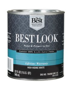 Best Look 100% Acrylic Latex Premium Paint & Primer In One Satin Exterior House Paint, High Hiding White, 1 Qt.