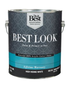 Best Look 100% Acrylic Latex Premium Paint & Primer In One Satin Exterior House Paint, High Hiding White, 1 Gal.