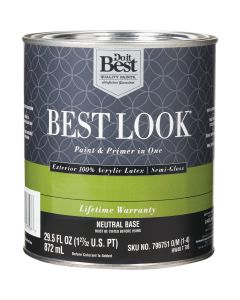 Best Look 100% Acrylic Latex Premium Paint & Primer In One Semi-Gloss Exterior House Paint, Neutral Base, 1 Qt.