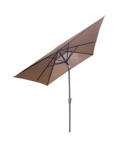 Outdoor Expressions 9 Ft. x 7 Ft. Rectangular Aluminum Tilt/Crank Brown Patio Umbrella with Solar LED Lights