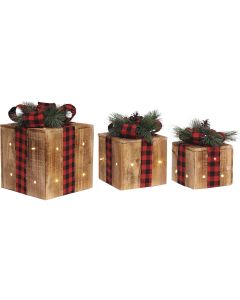 Alpine Warm White LED Rustic Wood with Red Plaid Ribbon Christmas Gift Box Set (3-Piece)