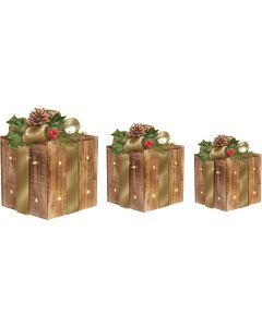 Alpine Warm White LED Rustic Wood with Gold Ribbon Christmas Gift Box Set (3-Piece)